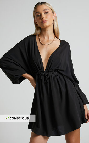 Tyrica Mini Dress - V Neck Tie Waist Long Sleeve Dress in Black