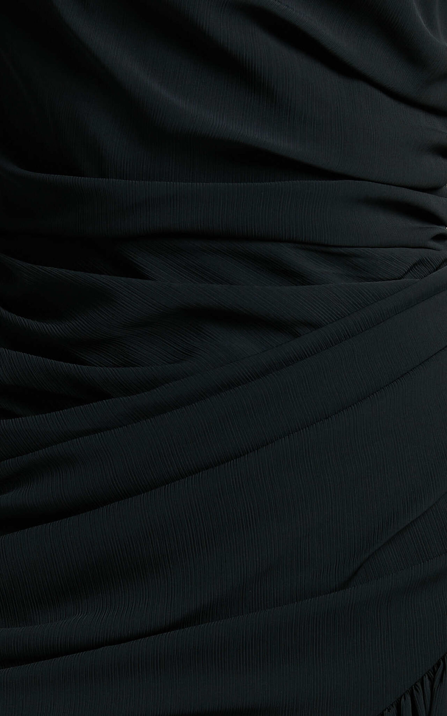 Grittah Midi Dress - One Shoulder Bishop Sleeve High Split Ruched Dress in Black | Showpo USA