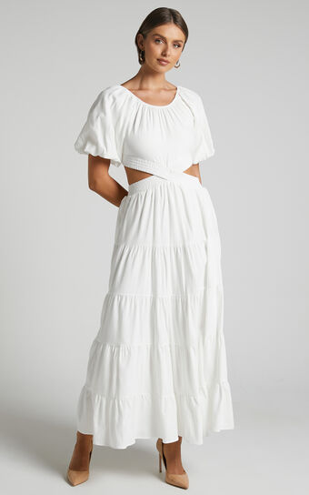 Leandra Maxi Dress - Scoop Neck Cut Out Tiered Dress in White