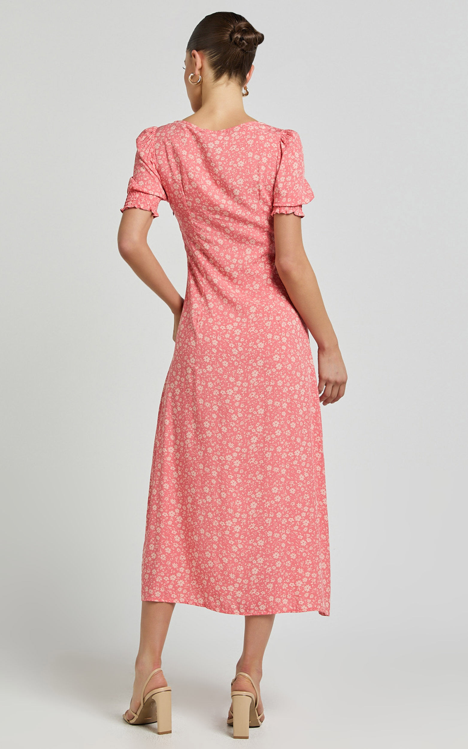 Marcel Midi Dress - Sweetheart Puff Sleeve Thigh Split Dress in Coral ...