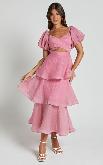 Giselle Midi Dress - Short Puff Sleeve Front Cut Out Layered Dress in Pink