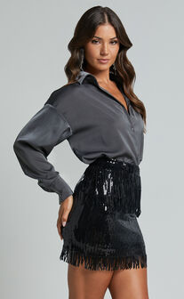 Paris Mini Skirt - Sequin Fringe High Waisted Skirt in Black
