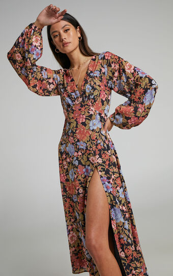 Henny Midi Dress  Long Sleeve Split in Dusk Floral Showpo