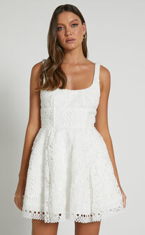 Lilia Mini Dress - Corset Scoop Neck Fit And Flare Dress in White