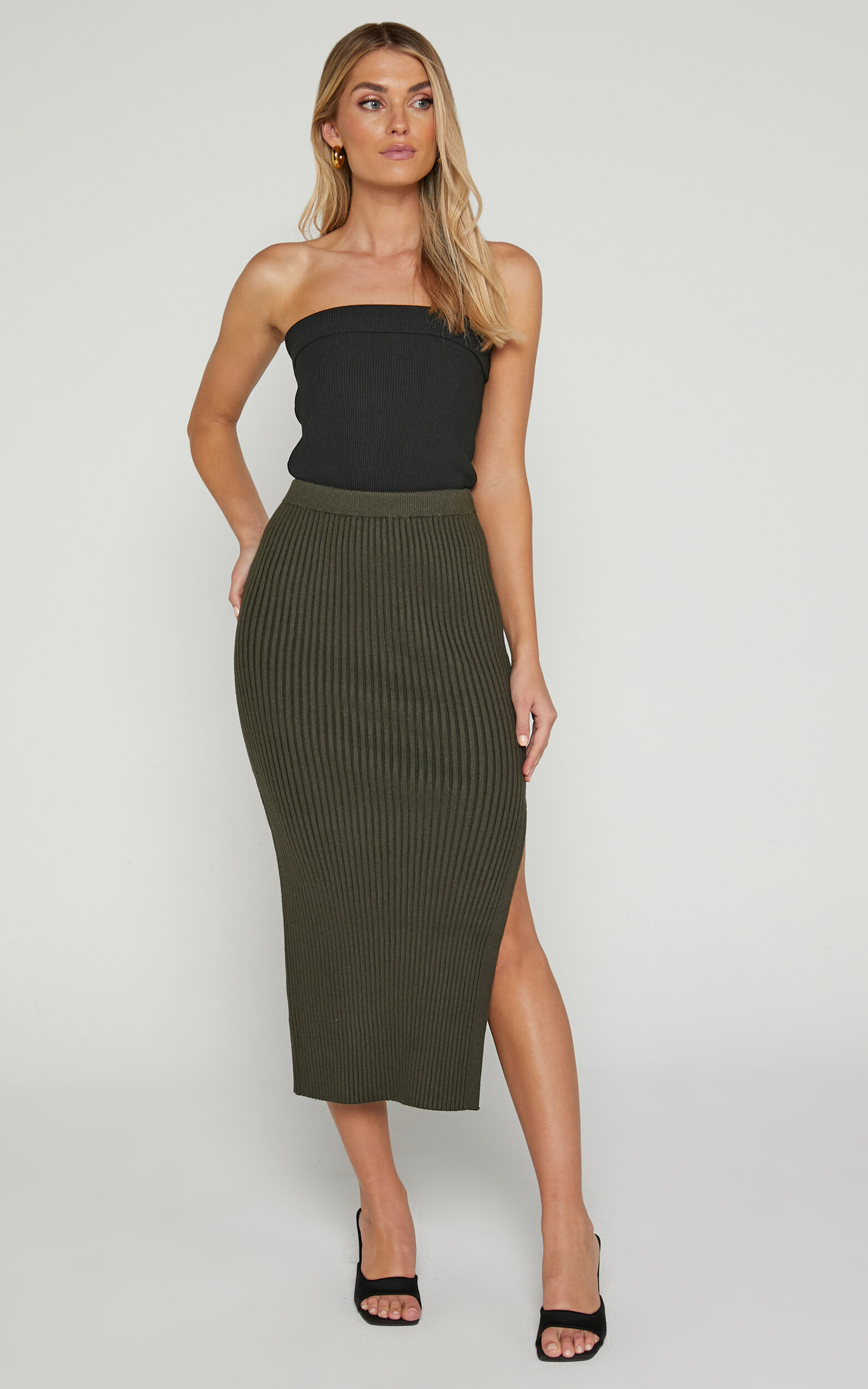 Andalucia Midi Skirt Ribbed Side Split Skirt in Dark Olive
