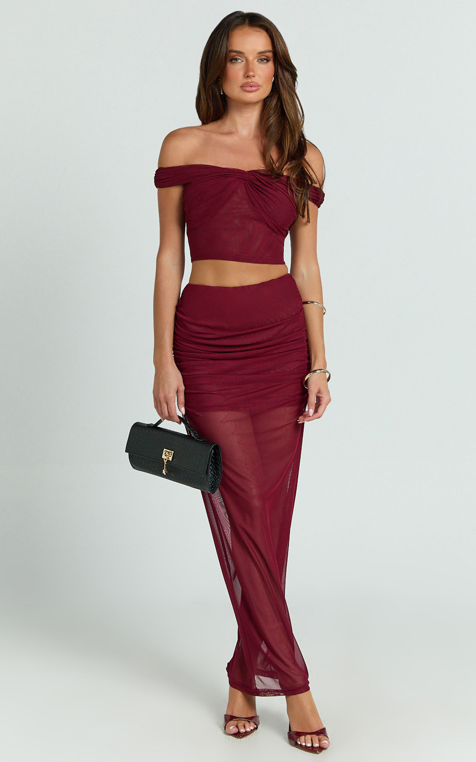 Francine Two Piece Set - Twist Front Top and Mid Waist Gathered Midi Skirt in Wine - 06, WNE1