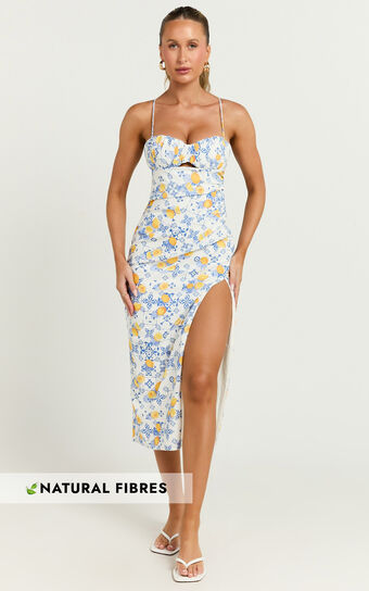 Frederica Midi Linen Blend Dress - Gathered Sweetheart Tie Back Front Split Dress in Limoncello Tile