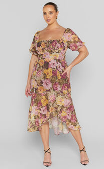 Jasalina Midi Dress - Puff Sleeve Dress in Classic Floral