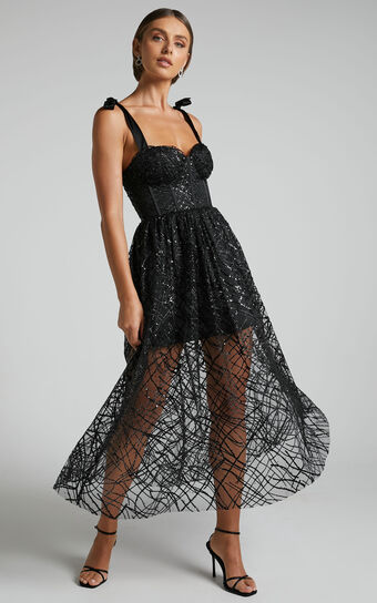 Rimea Midi Dress - Tie Shoulder Bustier Bodice Glitter Tulle Dress in Black