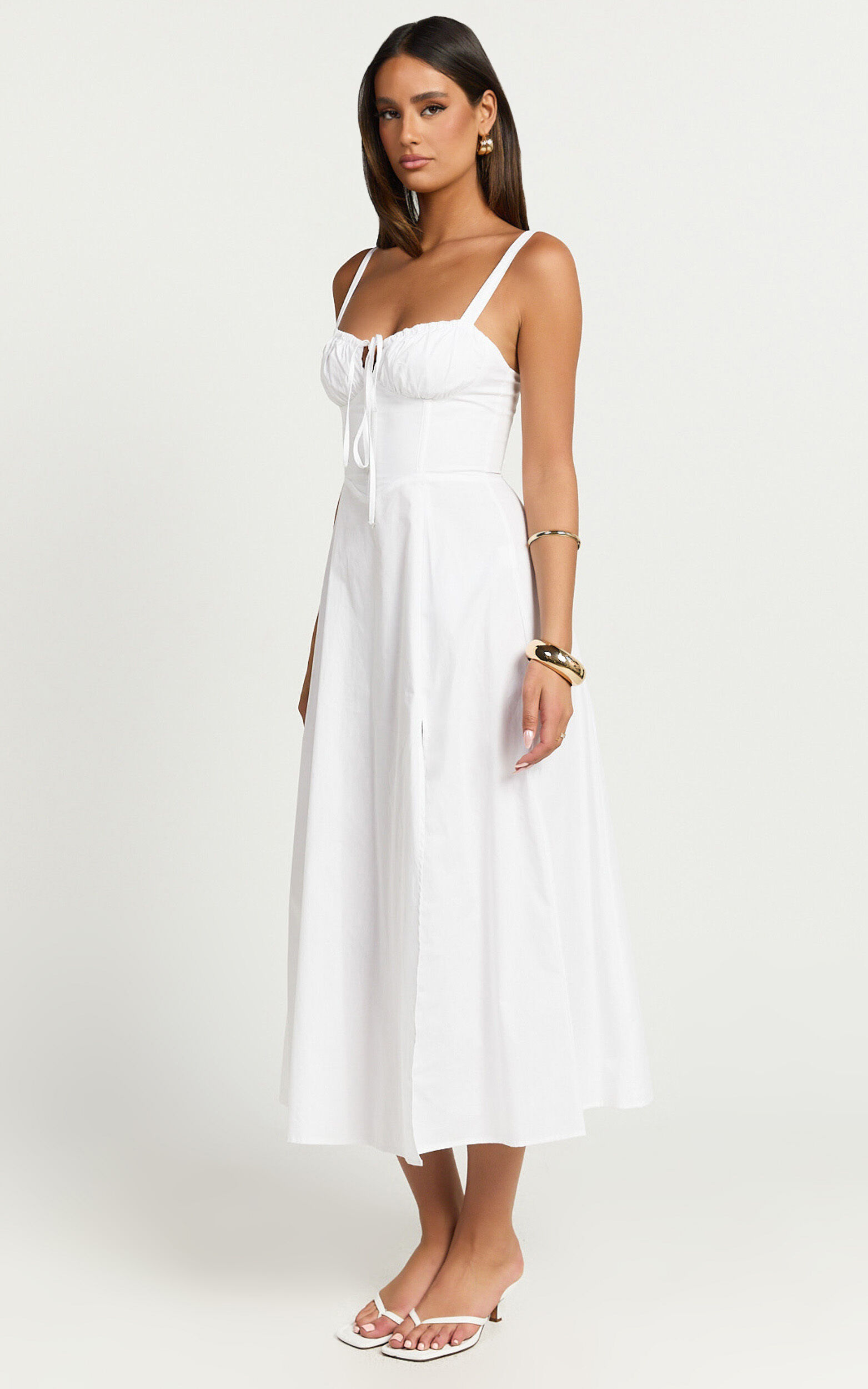 Maiya Midi Dress - Tie Front Fitted Bodice Dress in White | Showpo USA