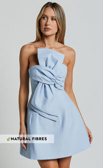 Chika Mini Dress - Linen Look Strapless Front Bow Dress in Pale Blue