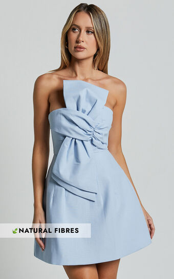 Chika Mini Dress - Linen Look Strapless Front Bow Dress in Pale Blue