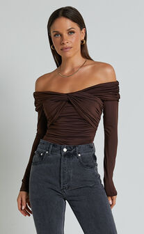 Shamaira Bodysuit - Twist Front Off Shoulder Long Sleeve in Brown