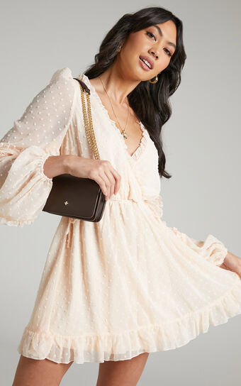 Sancha Mini Dress - Long Sleeve Frill Dress in Cream