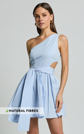Mauee Mini Dress - One Shoulder Tie Waist Cut Out Dress in Powder Blue