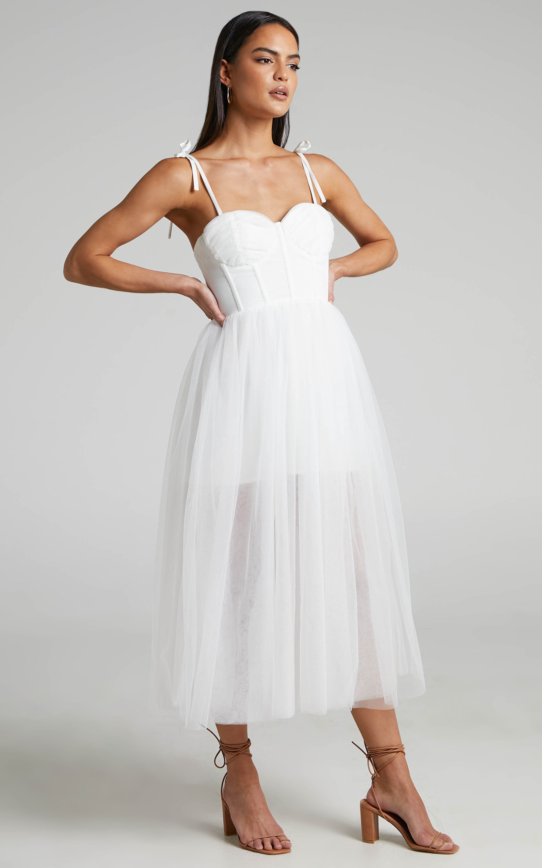 Aisha Midi Dress Bustier Bodice Tulle Dress in White
