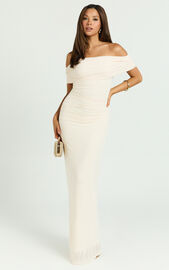 Caterina Maxi - Ruched Off Shoulder Mesh Dress in Off White | Showpo