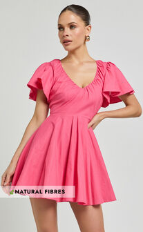 Carli Mini Dress - Linen Look Ruched Bodice Bell Sleeve Dress in Pink