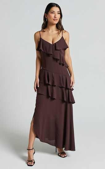 Emily Midi Dress - Strappy Asymmetric Ruffle Dress in Chocolate