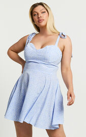 Lorreta Mini Dress - Tie Shoulder Sweetheart Dress in Dusty Blue Floral ...