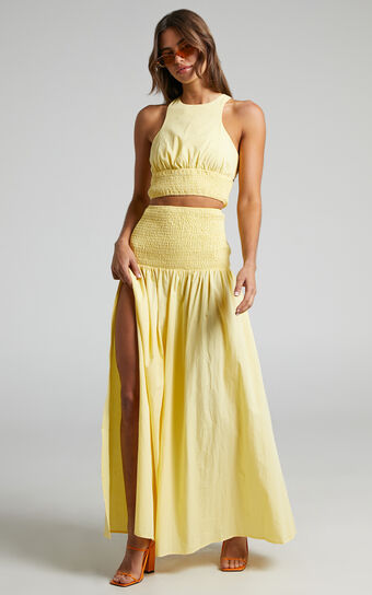 Gracelynn Two Piece Set - Cut Out Back and Racer Top and Shirred Waist Midi Skirt Set in Pastel Yellow