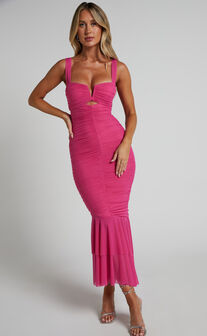 Kody Midi Dress - Bodycon Ruched Mesh Cut Out Dress in Hot Pink