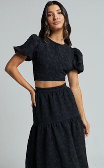 Leila Two Piece Set - Puff Sleeve Top and Midi Skirt Set in Black