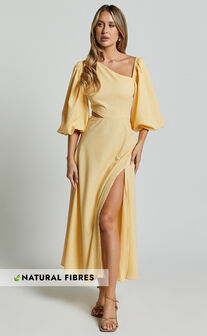 Rhyne Midi Dress - Asymmetric Puff Sleeve Side Cut Out A Line Dress in Lemon