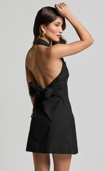 Sammie Mini Dress - Backless Halter Neck Linen Look Dress in Black