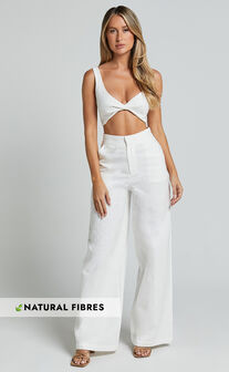 Kingston Two Piece Set - Twist Front Twill and Wide Leg Pants Set in White