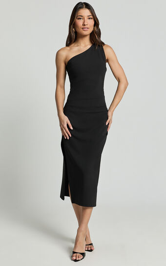 Monette Midi Dress - One Shoulder Straight Dress in Black