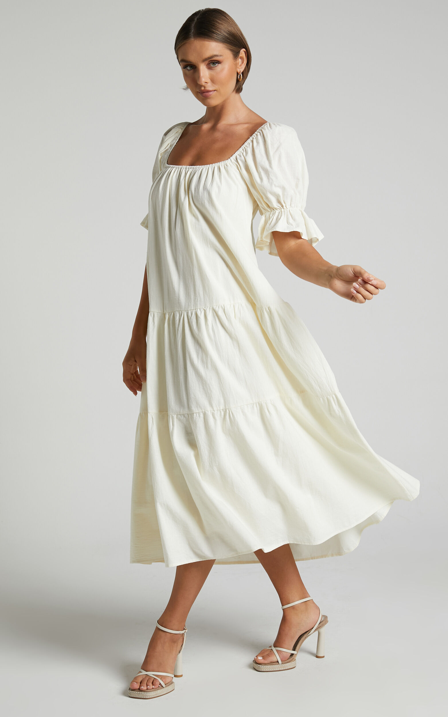 Zaharrah Midi Dress - Tiered Dress in Cream Linen Look | Showpo