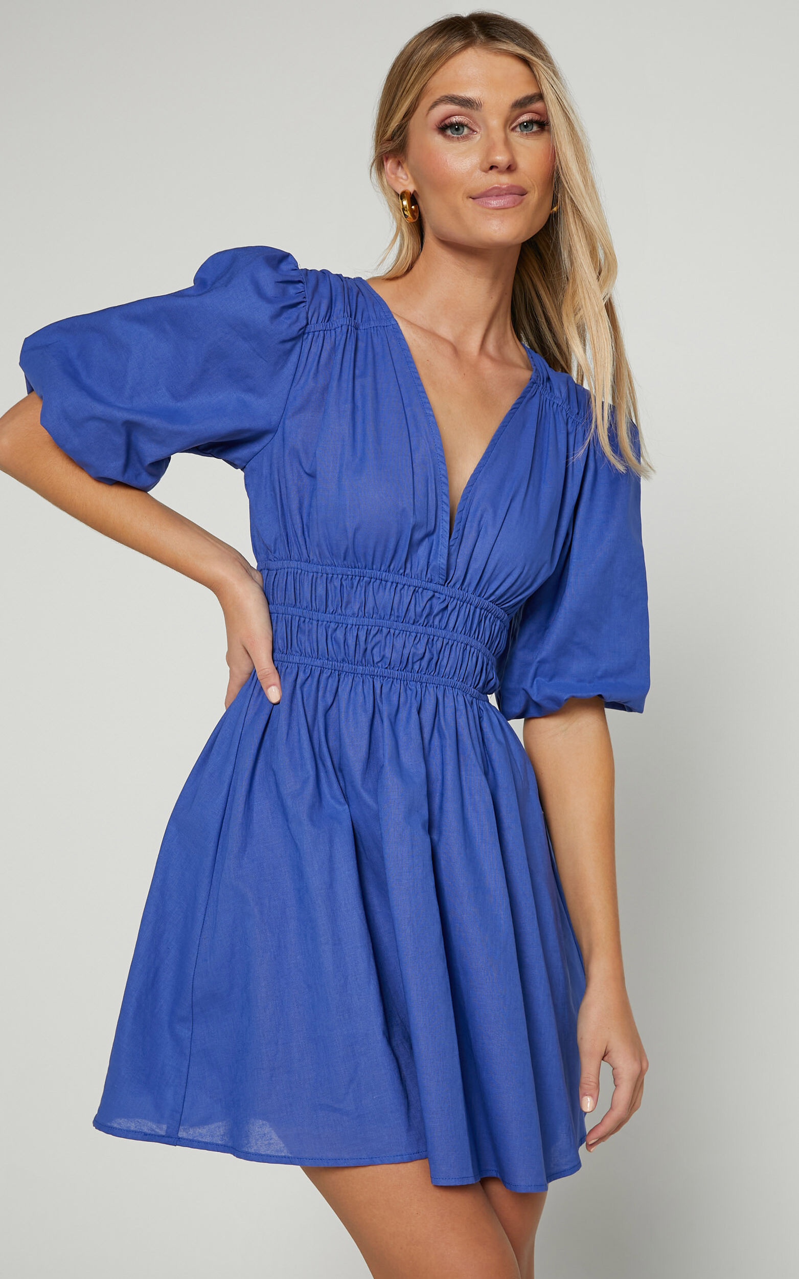 Francesca V Neck Puff Sleeves Mini Dress in Cornflower Blue | Showpo USA