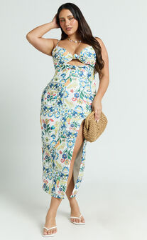 Janice Midi Dress - Knot Detail Front Split Dress in Positano Print