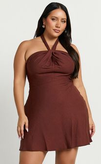 Louie Mini Dress - Linen Look Halter Neck Dress in Chocolate