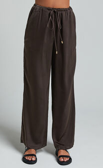 Carlynne Pants - Satin Relaxed Mid Rise Drawstring Pants in Chocolate
