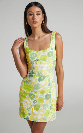 Nikoletta Mini Dress - Linen Look Square Neck Back Cut Out Dress in Pine Lime Print