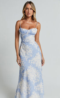 Giselli Midi Dress - Adjustable Strap Ruched Bust Dress in Blue Print