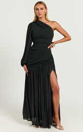 Grittah Midi Dress - One Shoulder Bishop Sleeve High Split Ruched Dress in Black | Showpo USA