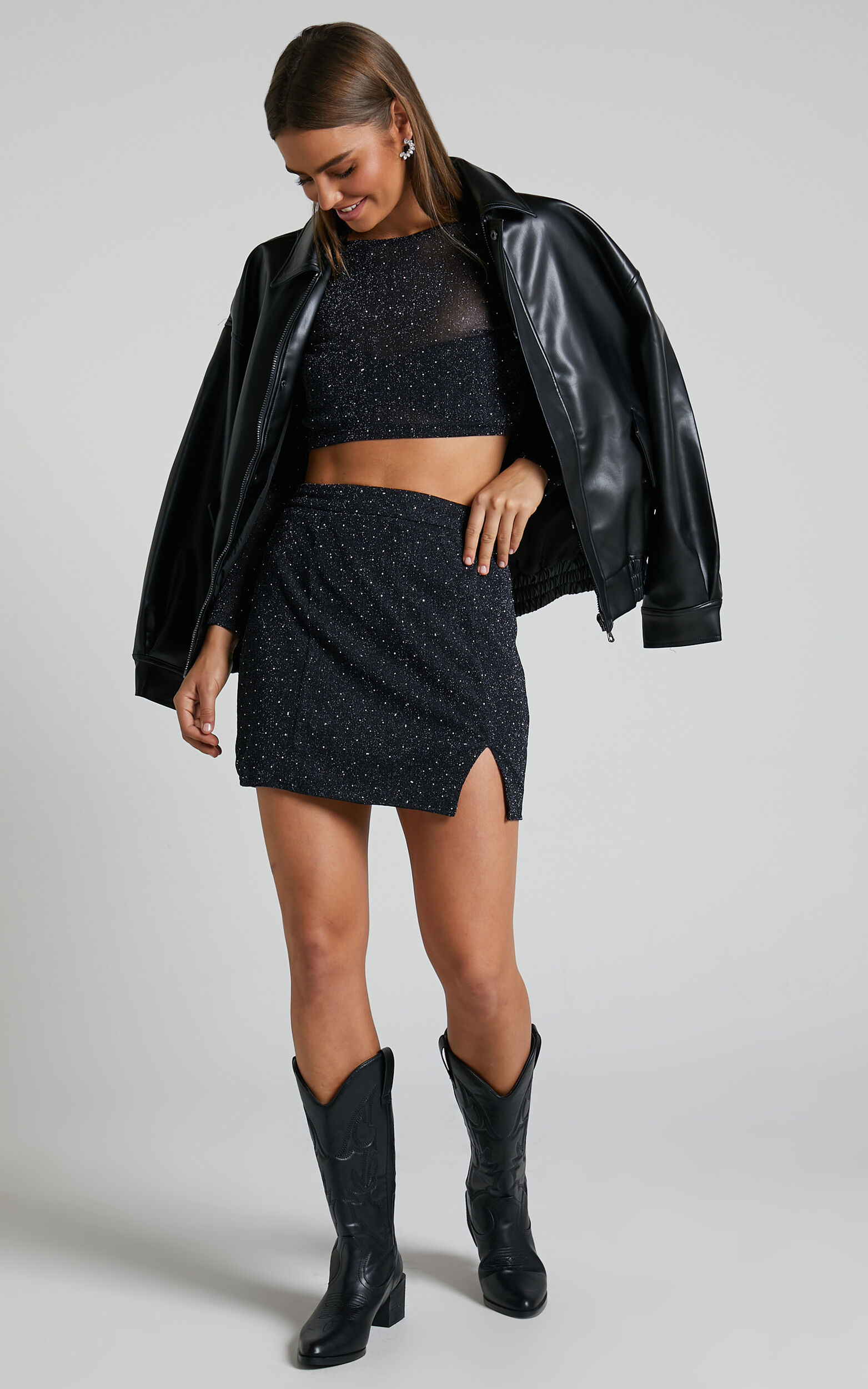 Khaimy Two Piece Set - Glitter Mesh Long Sleeve Crop Top and Mini Skirt Set  in Black