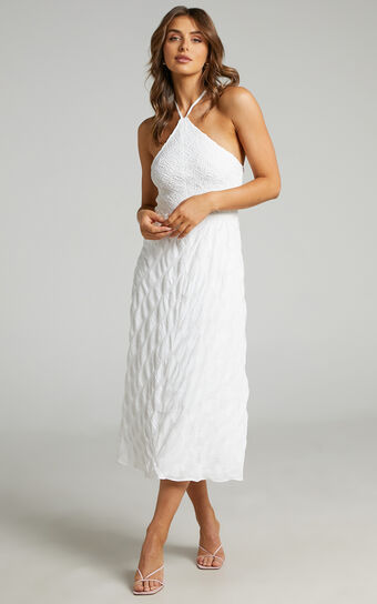 Aimie Midi Dress - Strappy Halter Neck Shirred Top in White Check