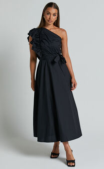 Almeida Midi Dress - One Shoulder Ruffle Detail Belted Dress in Black