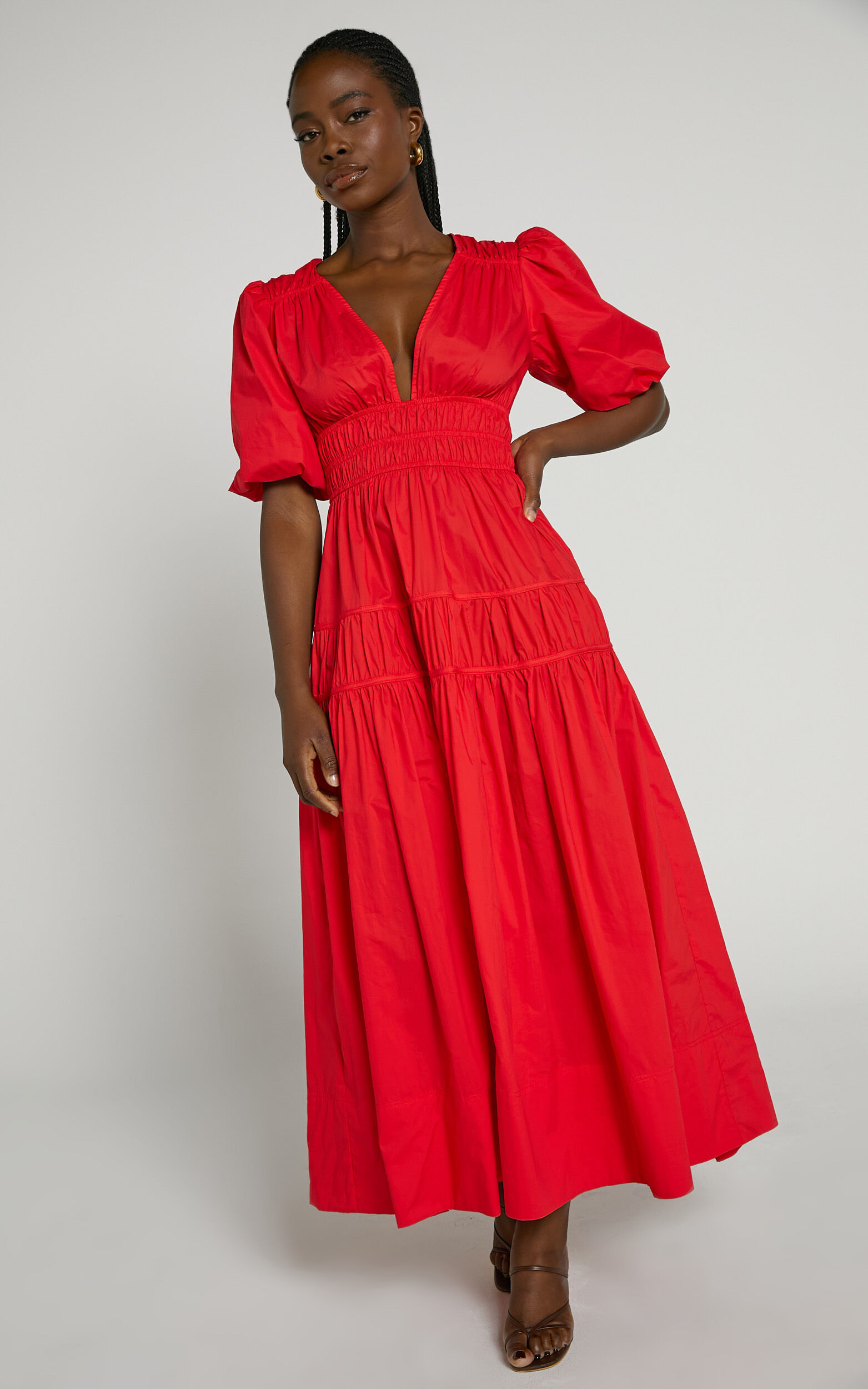 Mellie Midi Dress Puff Sleeve Plunge Tiered Dress in Cherry Tomato Showpo USA