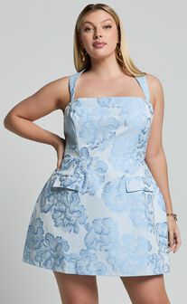 Kyra Mini Dress - Square Neck Open Back Jacquard Mini Dress in Light Blue