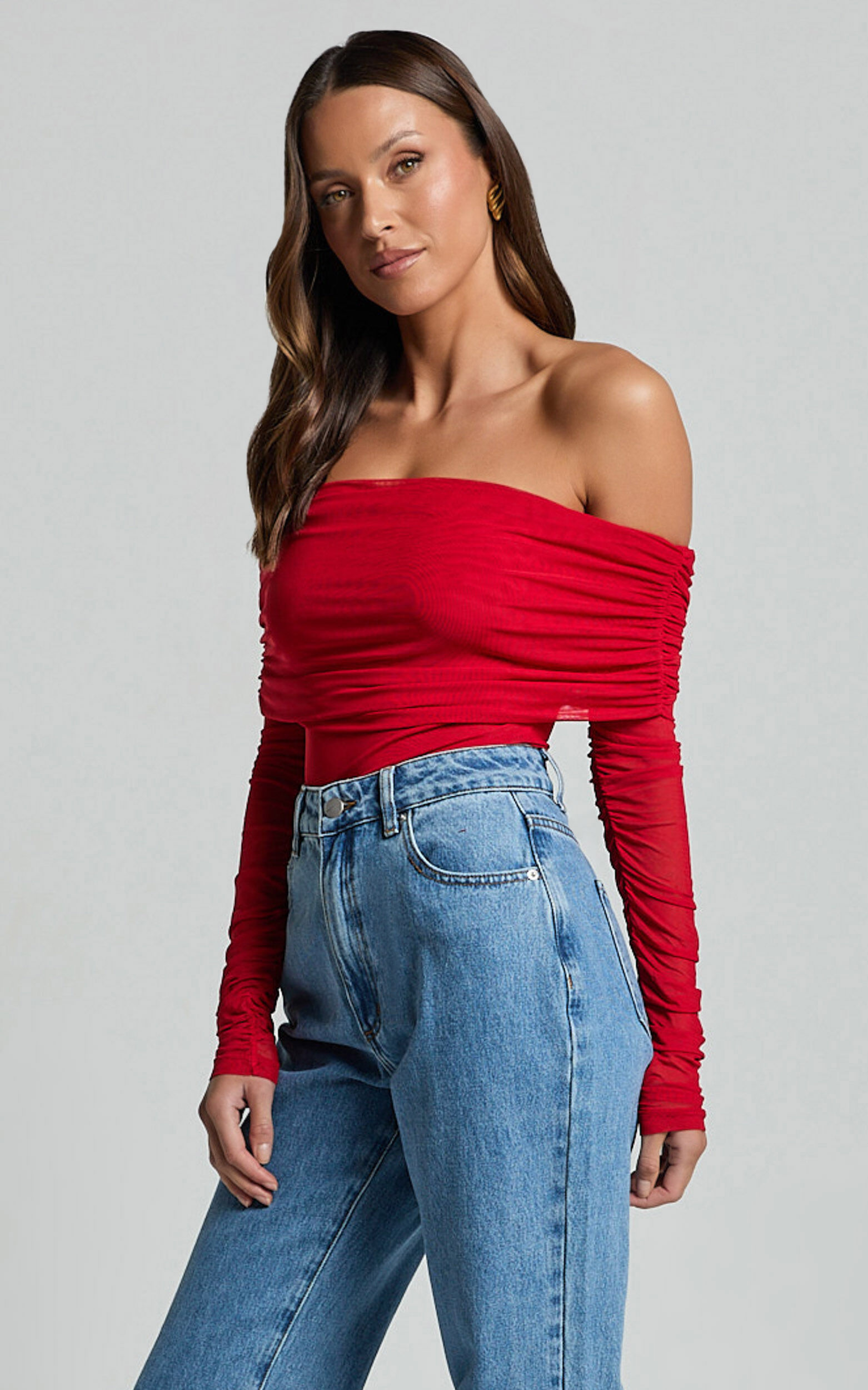 Jaythen Bodysuit - Long Sleeve Off Shoulder Ruched Mesh