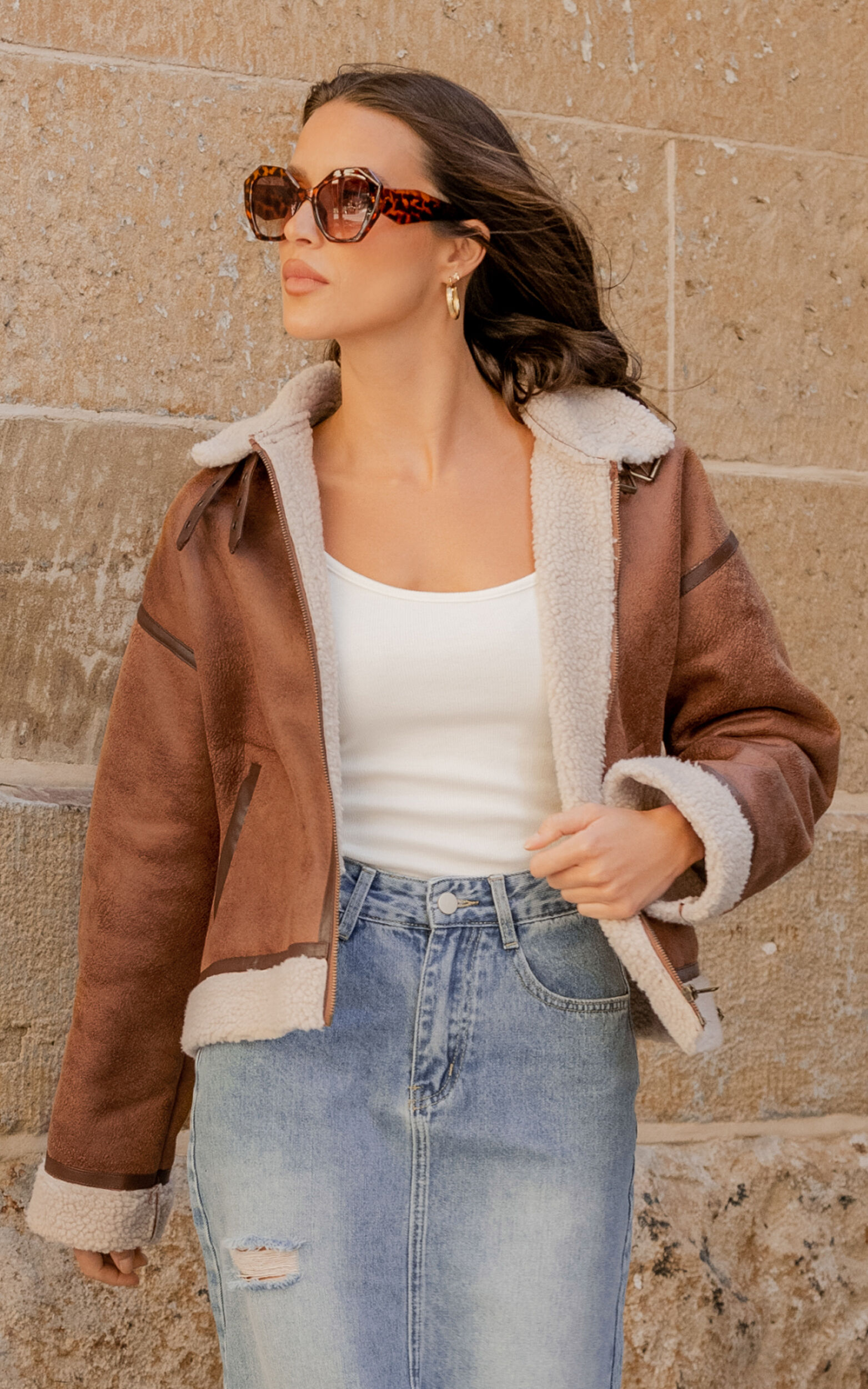 Tan jean jacket clearance with fur