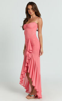 Brionna Midi Dress - Lace Neck Ruched Ruffle Hem Dress in Strawberry