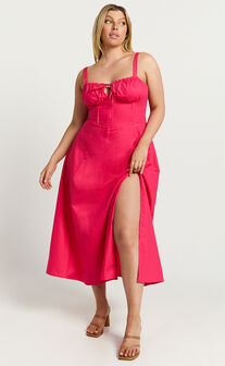 Maiya Midi Dress - Tie Front Fitted Bodice Dress in Hot Pink