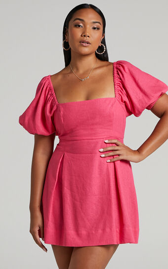 Matty Mini Dress - Linen Look Strappy Back Puff Sleeve Baby Doll Dress in Pink