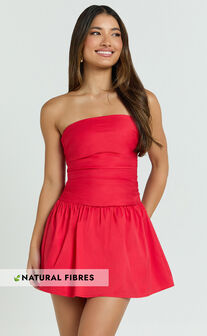 Donatella Mini Dress - Strapless Drop Waist Dress in Red
